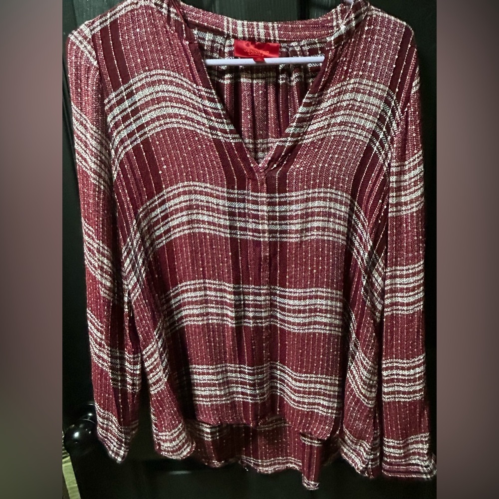 Jennifer Lopez Burgundy and White Striped Blouse